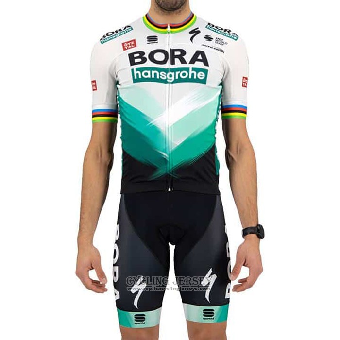 2021 Cycling Jersey Bora Champion White Green Short Sleeve And Bib Short